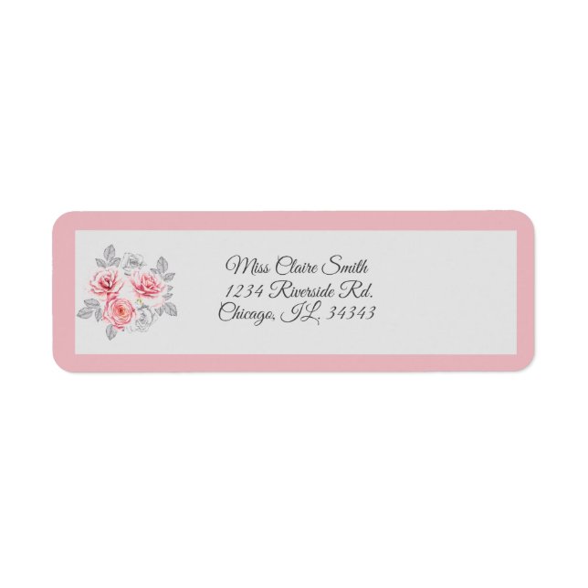 Elegant Pink Grey Floral Script Wedding Address (Front)