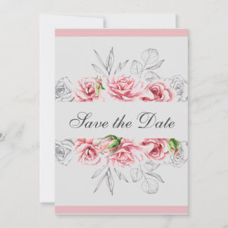 Elegant Pink Grey Floral Script Wedding Save The Date