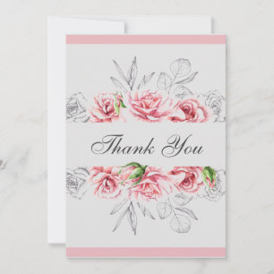 Elegant Pink Grey Floral Script Wedding Thank You Card