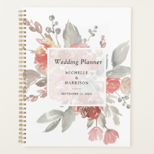 Elegant Pink Grey Floral Watercolor Wedding Planner