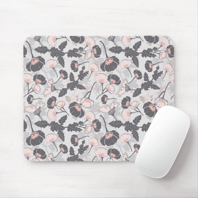 Elegant Pink Grey Flowers Mouse Pad (With Mouse)
