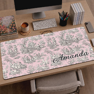 Elegant Pink Grey French Toile de Jouy Monogram Desk Mat