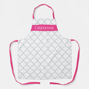 Elegant pink grey quatrefoil pattern kitchen apron