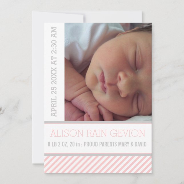 Elegant pink, grey striped baby girl birth announcement (Front)
