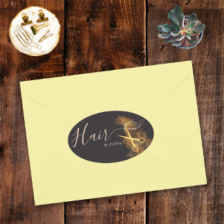 Elegant Pink Hairstylist Gold Scissor Hair Dresser Oval Sticker