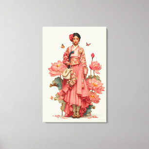 Elegant Pink Hanbok and Lotus Blossom Canvas Art