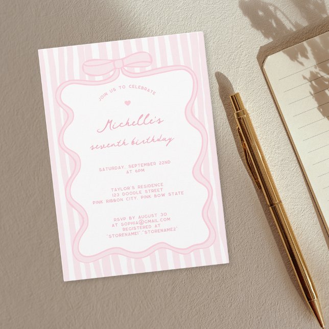Elegant Pink Hand Drawn Bow Any Age Baby Birthday Invitation (Creator Uploaded)
