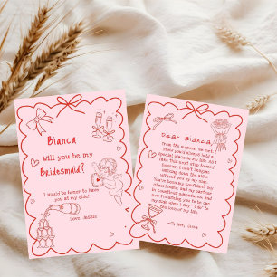 Elegant Pink Hand Drawn Bridesmaid Proposal Card
