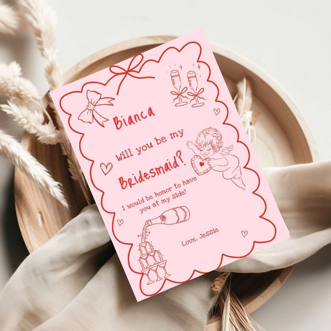  Elegant Pink Hand Drawn Bridesmaid Proposal Card (Creator Uploaded)