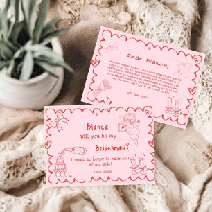 Elegant pink Hand Drawn Bridesmaid Proposal Card