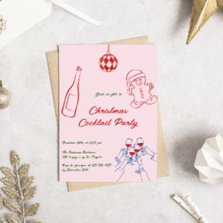 Elegant Pink Hand Drawn Christmas Cocktail Party Invitation
