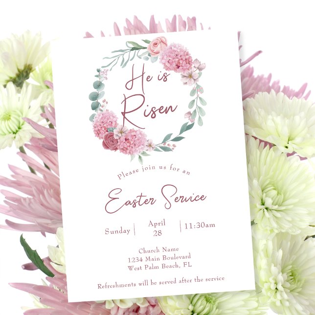 Elegant Pink He is Risen Church Easter Service Invitation (Creator Uploaded)