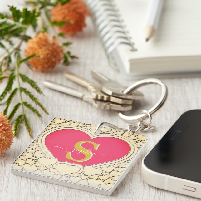 Elegant Pink Heart  and Initial, Name Stylish Key Ring (Front Right)