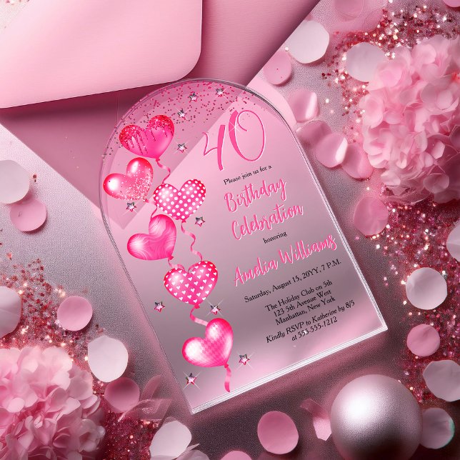 Elegant Pink Heart Balloons 40th Birthday Party Acrylic Invitations (Elegant Pink Heart Balloons "40" 40th Birthday Party Arched Acrylic Invitation)