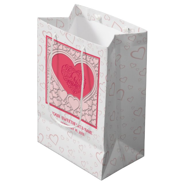 Elegant Pink Heart Happy Valentine's Day Stylish Medium Gift Bag (Front Angled)