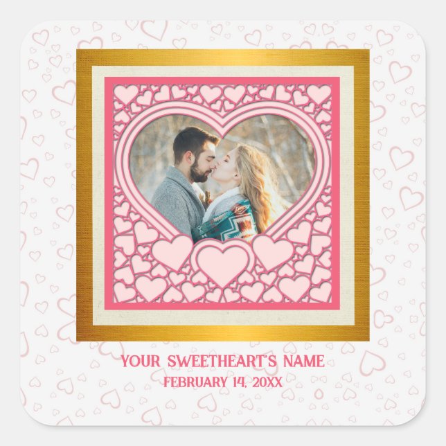 Elegant Pink Heart Happy Valentine's Day Stylish Square Sticker (Front)
