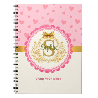 Elegant Pink Hearts and Gold Royal Tiara Monogram Notebook