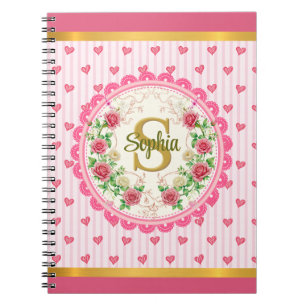 Elegant Pink Hearts and Roses Floral Monogram Notebook