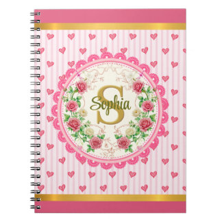 Elegant Pink Hearts and Roses Floral Monogram Notebook