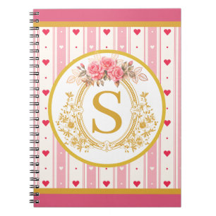 Elegant Pink Hearts and Roses Floral Monogram Notebook