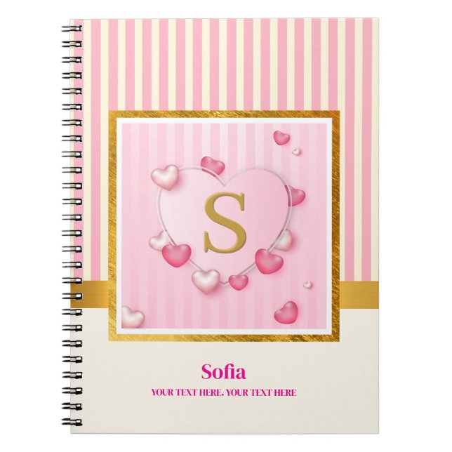Elegant Pink Hearts, Gold Stripes Monogram initial Notebook (Front)