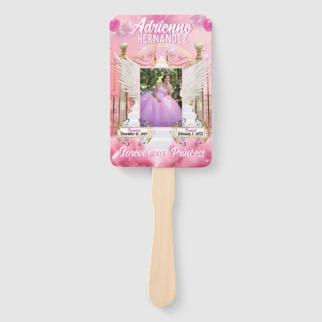 Elegant Pink Heavenly Photo Memorial Funeral  Hand Fan (Front)
