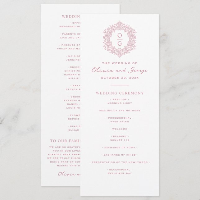 Elegant Pink Heirloom Wedding Programme (Front/Back)
