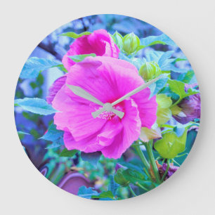 Elegant Pink Hibiscus Flower with Aqua Foliage Large Clock
