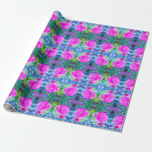 Elegant Pink Hibiscus with Wavy Blue Foliage Wrapping Paper