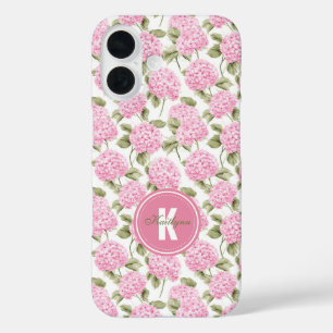 Elegant Pink Hydragea Flowers Pattern Monogram iPhone 16 Case