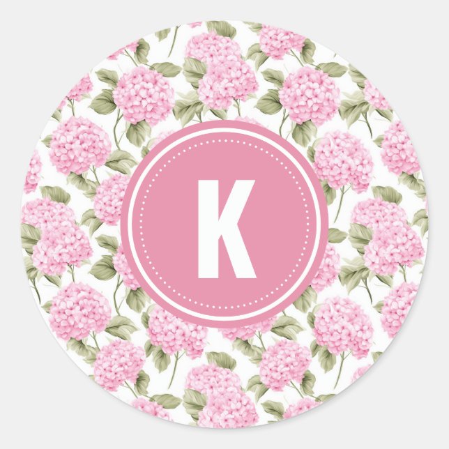 Elegant Pink Hydragea Flowers Pattern Monogram Classic Round Sticker (Front)