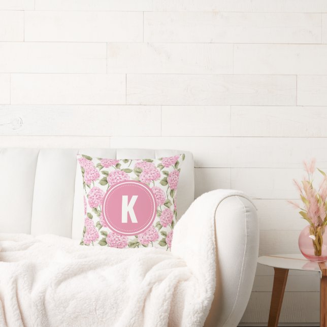 Elegant Pink Hydragea Flowers Pattern Monogram Cushion (Couch)