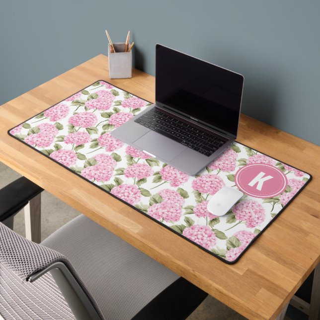 Elegant Pink Hydragea Flowers Pattern Monogram Desk Mat (Office 2)