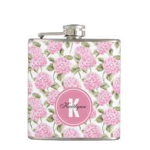 Elegant Pink Hydragea Flowers Pattern Monogram Hip Flask