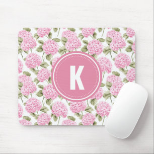 Elegant Pink Hydragea Flowers Pattern Monogram Mouse Pad