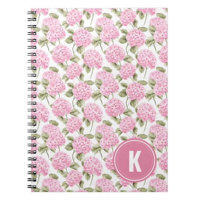 Elegant Pink Hydragea Flowers Pattern Monogram Notebook (Front)