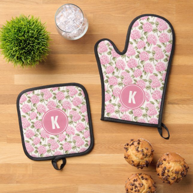 Elegant Pink Hydragea Flowers Pattern Monogram Oven Mitt & Pot Holder Set (Top Down)