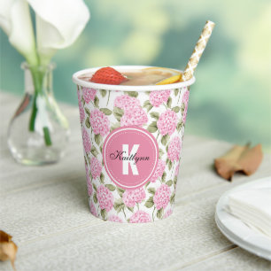 Elegant Pink Hydragea Flowers Pattern Monogram Paper Cups