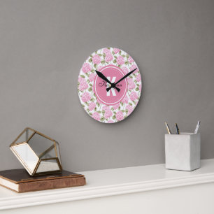 Elegant Pink Hydragea Flowers Pattern Monogram Round Clock