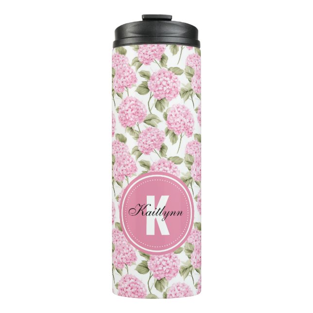 Elegant Pink Hydragea Flowers Pattern Monogram Thermal Tumbler (Front)
