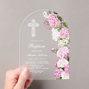Elegant Pink Hydrangea Arch Baptism Acrylic Invitations