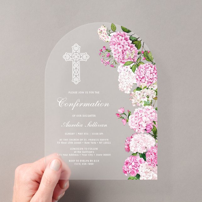 Elegant Pink Hydrangea Arch Confirmation Acrylic Invitations (Insitu (Handheld))