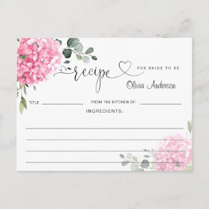 Elegant Pink Hydrangea Bridal Shower Recipe Card