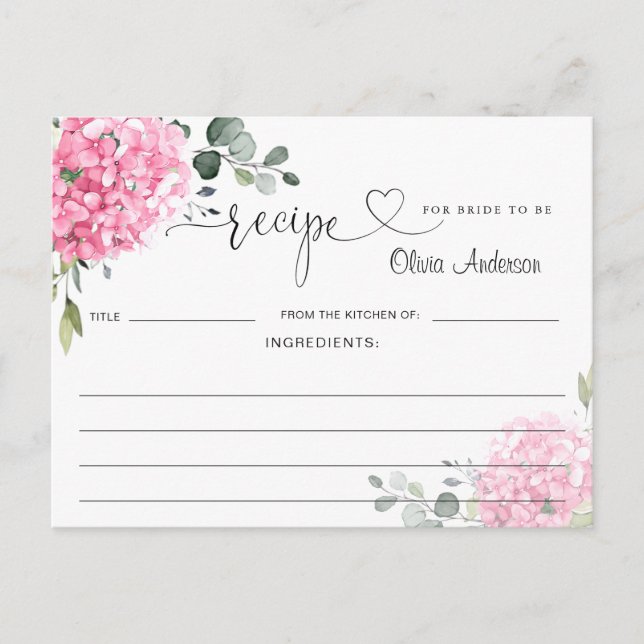 Elegant Pink Hydrangea Bridal Shower Recipe Card (Front)