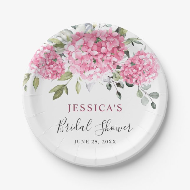 Elegant Pink Hydrangea Eucalyptus Bridal Shower Paper Plate (Front)