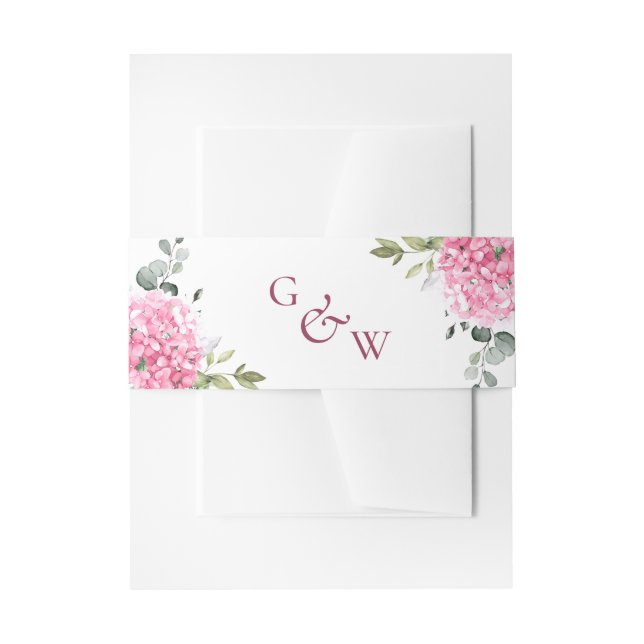 Elegant Pink Hydrangea Eucalyptus Monogram Wedding Invitation Belly Band (Front Example)
