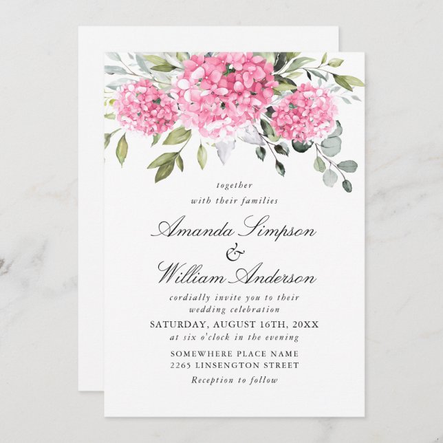 Elegant Pink Hydrangea Floral Wedding All In One Invitation (Front/Back)