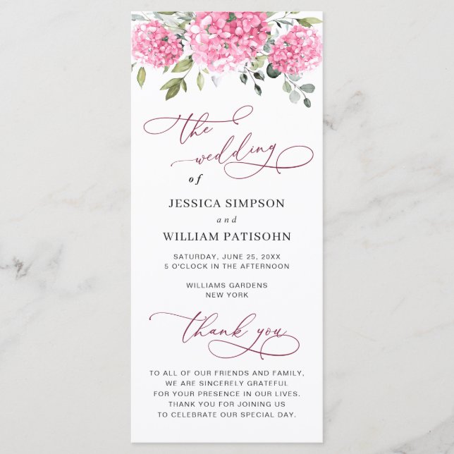 Elegant Pink Hydrangea Floral Wedding Ceremony Programme (Front)