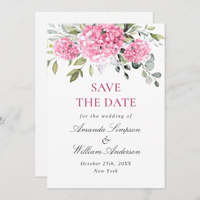 Elegant Pink Hydrangea Floral Wedding Save The Date (Front/Back)