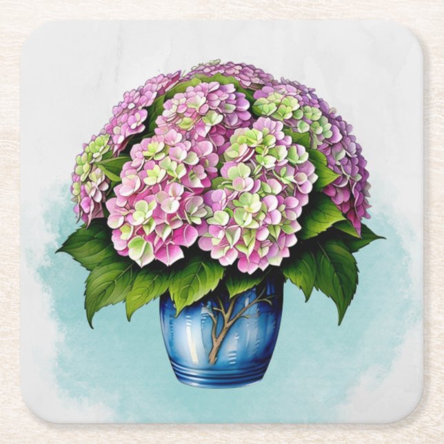Elegant Pink Hydrangea Flower Paper Coaster (Front)